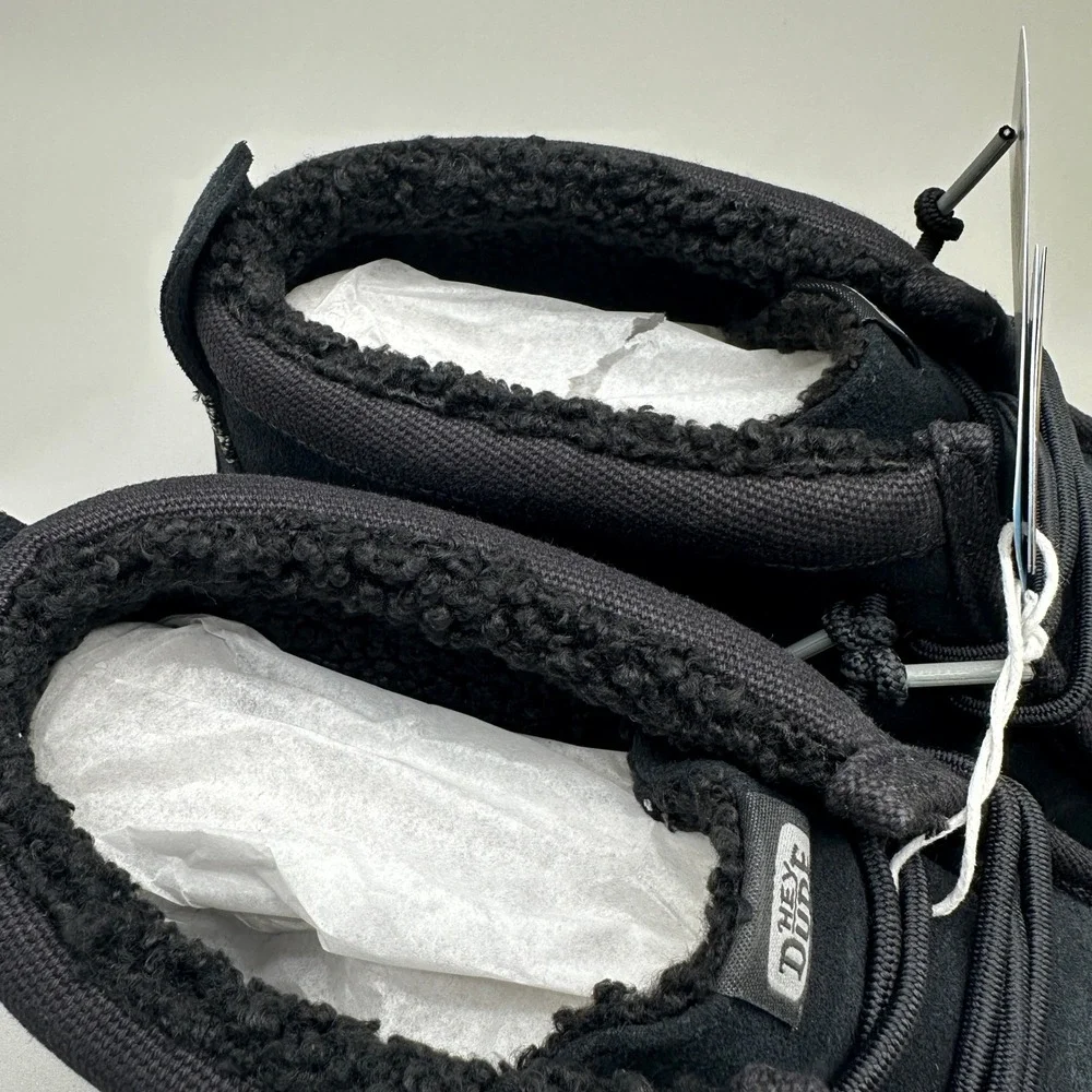 Hey Dude Wally Mid Gripr Warmth Shoes Mens 11 Black Suede Faux Fur Lined NEW